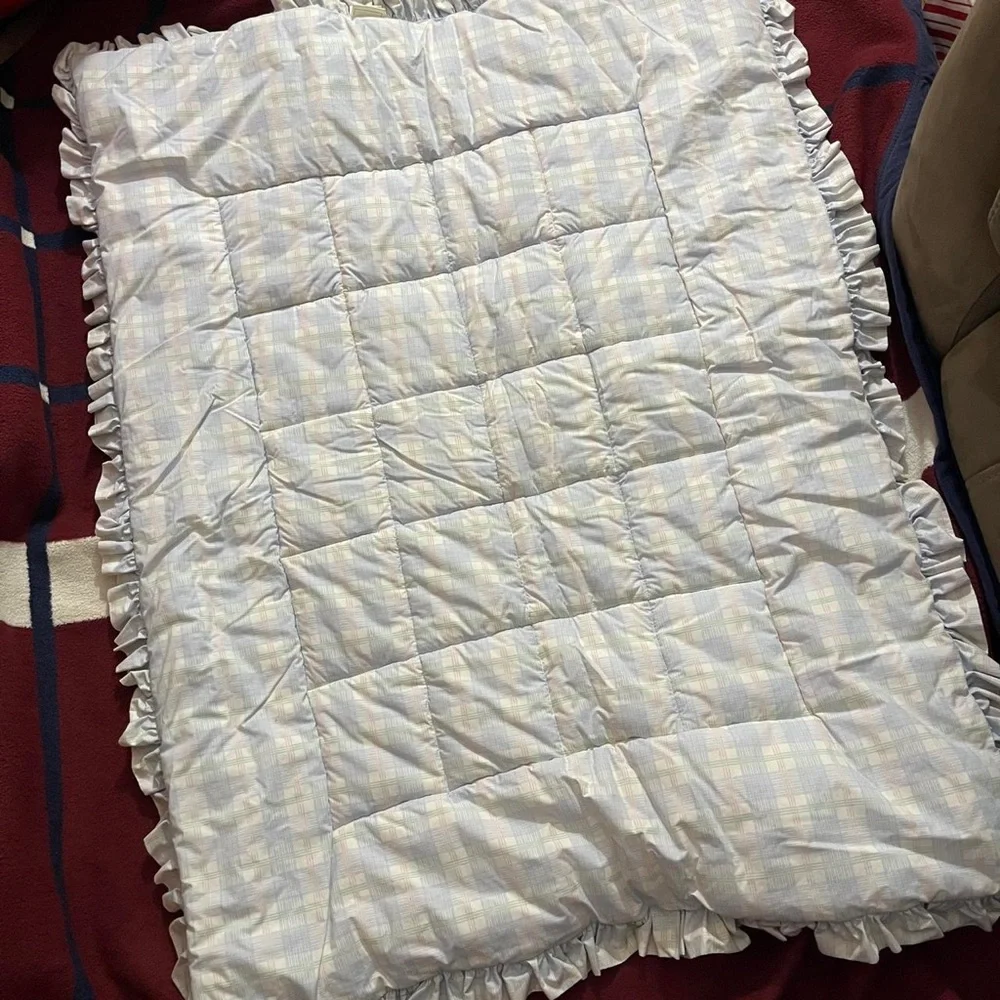 Laura Ashley Mother & Child Baby Nursery Blanket blue plaid quilted ruffle trim